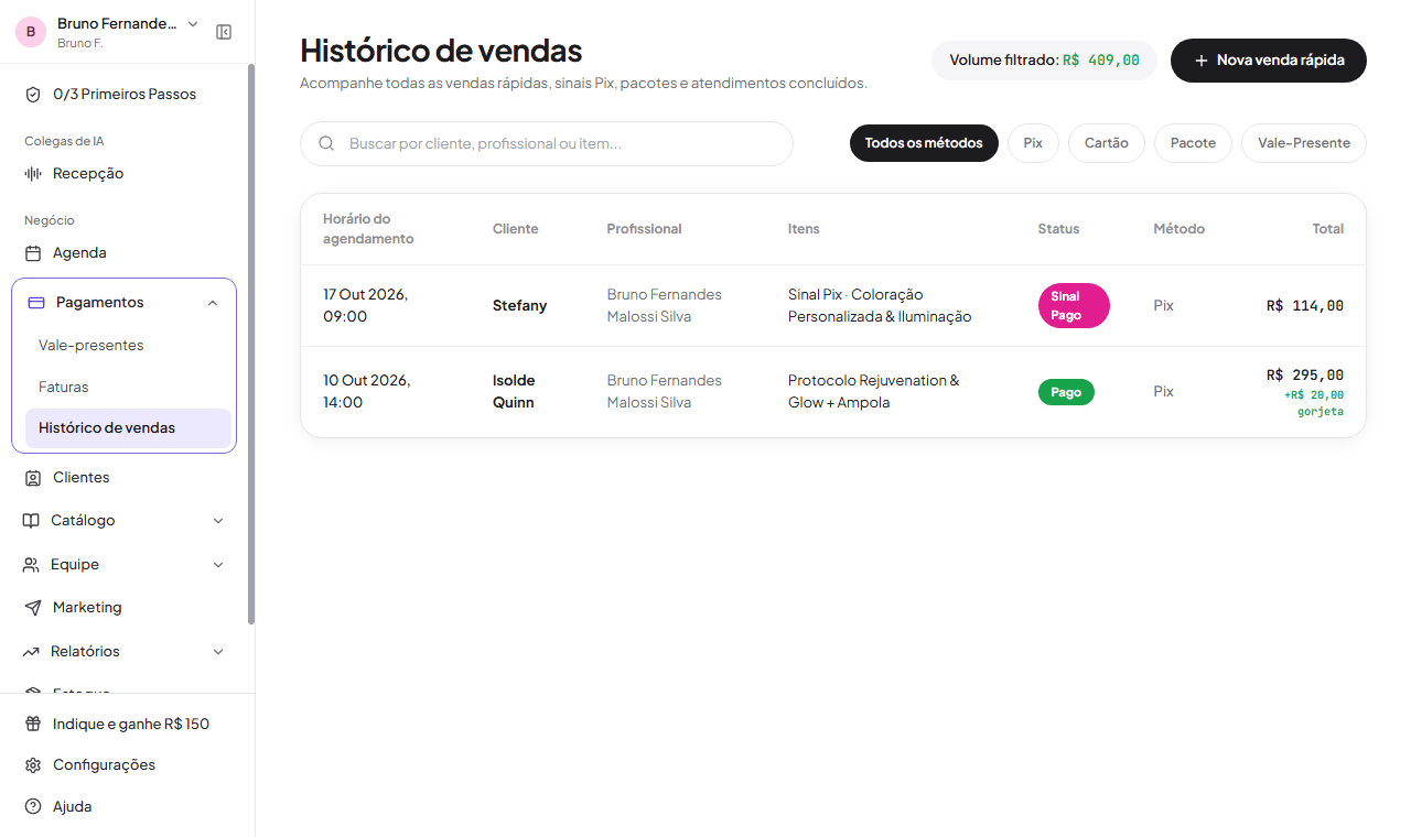 Gestão de pagamentos, sinal Pix e histórico de vendas na LUVEA