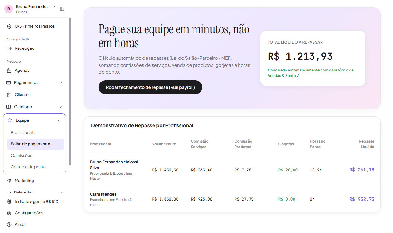 Fechamento de folha de pagamento e repasses de comissões por profissional