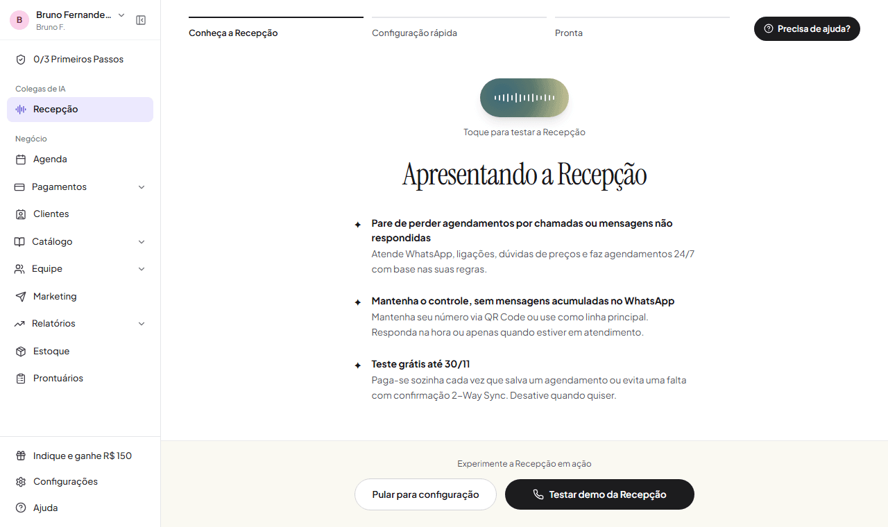 Recepção IA 24 horas no WhatsApp com sincronização de agendamentos